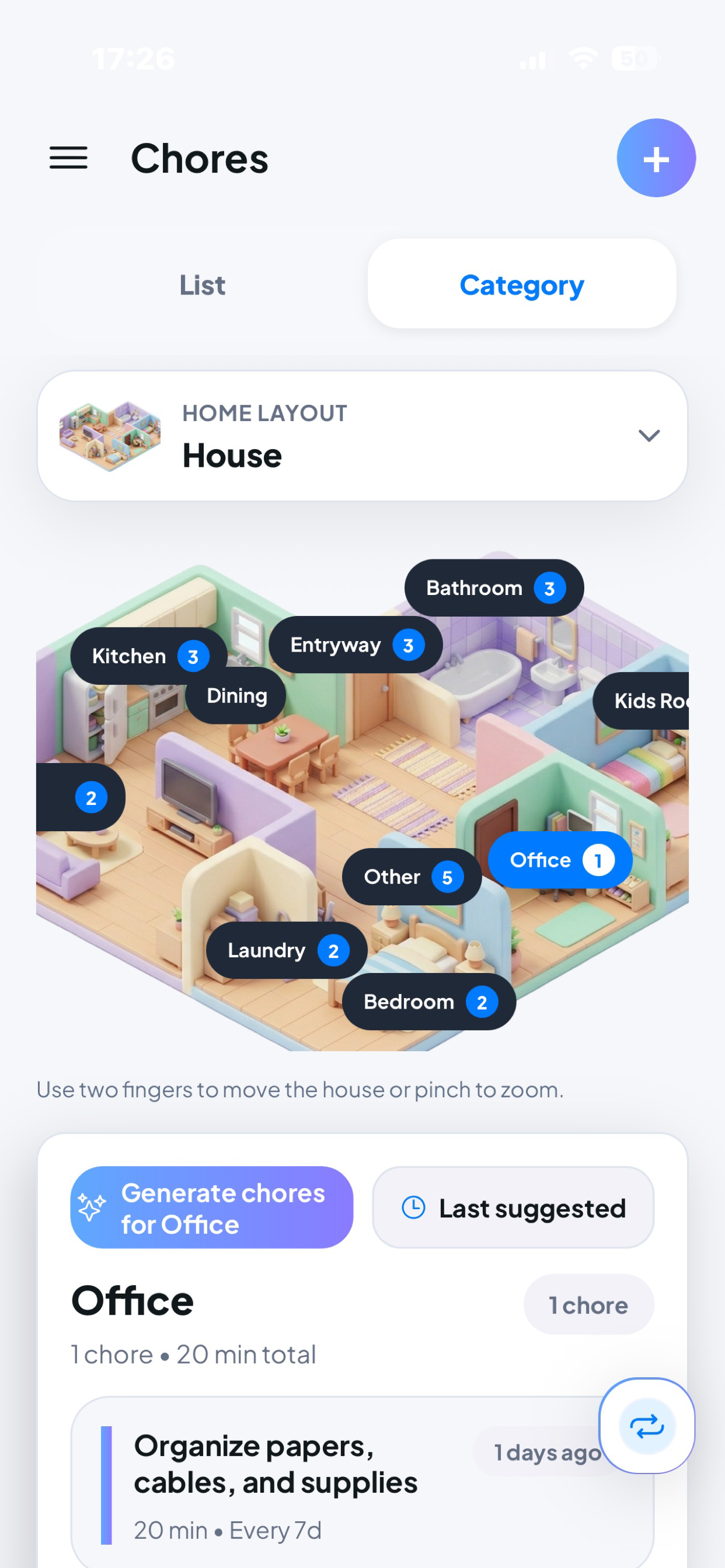 Aivida room-based chore planning screen