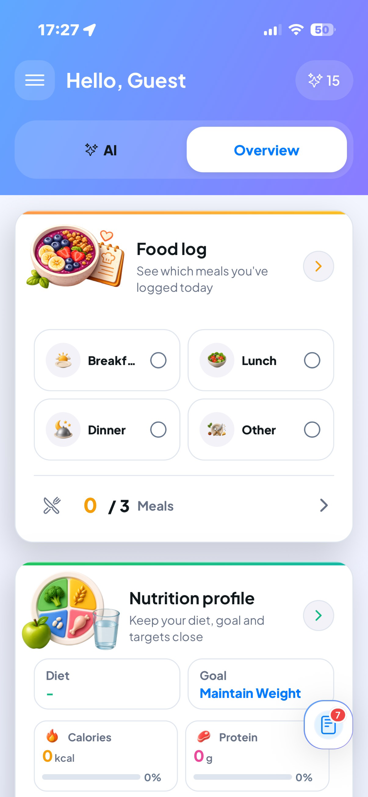 Aivida food log and nutrition screen