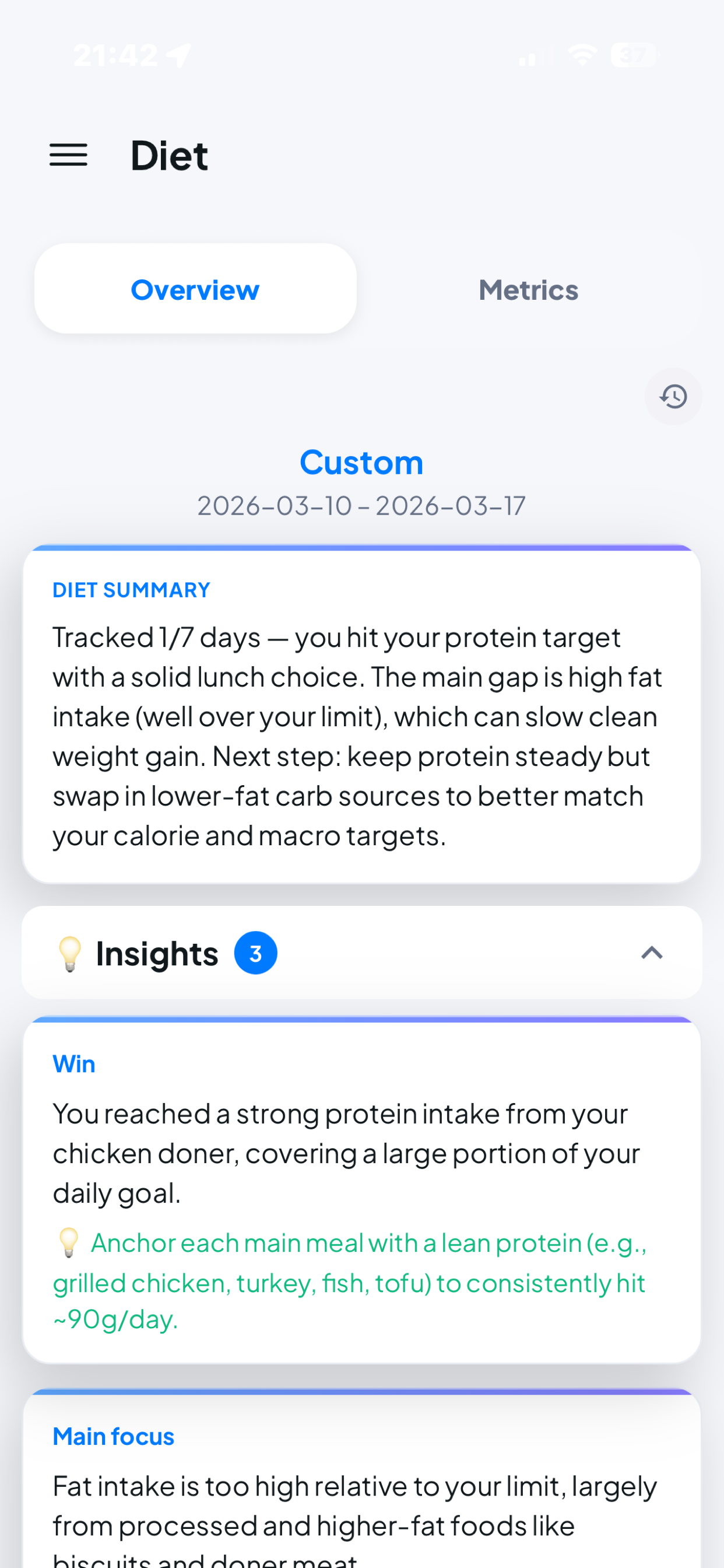 Aivida Diet overview screen with summary and personalized insights